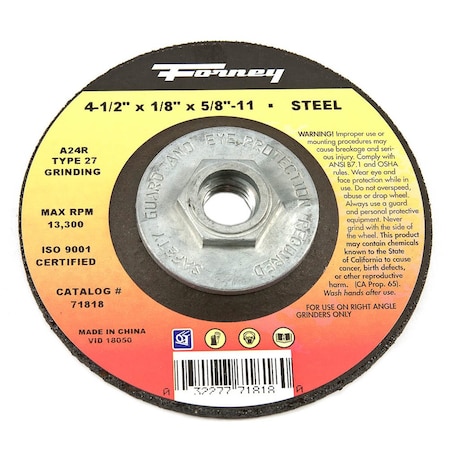 Forney Grinding Wheel, Metal, Type 27, 4-1/2 in x 1/8 in x 5/8 in-11 71818